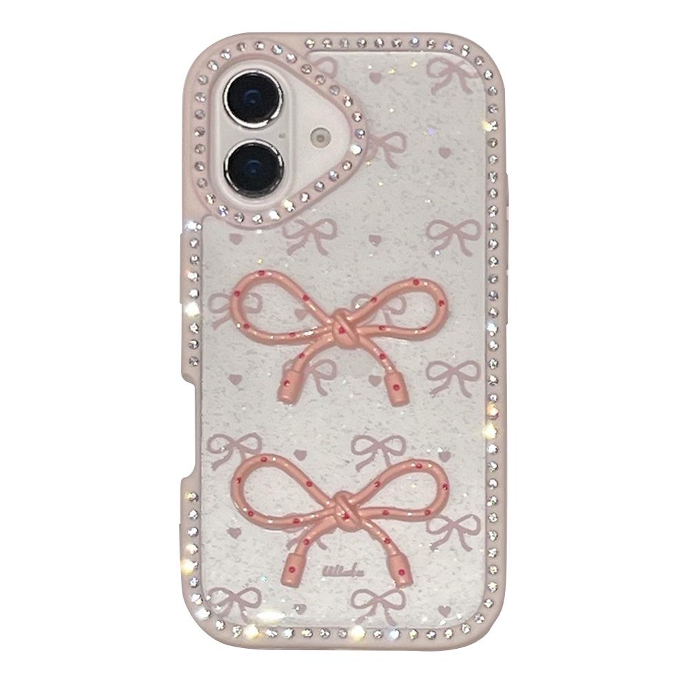 For iPhone 16 Plus Case Two Bow Epoxy Design TPU+PC Phone Back Cover Rhinestone Decor