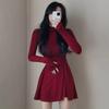 "Korean Chic Pleated Waist Plus Velvet Long Sleeve Dress - Slim Fit Short Skirt"