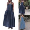 Summer Women's Sleeveless Swing Dress Denim Blue Casual Loose Round Neck Pleated Holiday Beach Casual Dress Street Wear