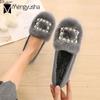Real Rabbit Fur Shoes Woman Winter Plush Cotton Flats String Beaded Buckle Loafers Ladies Plus Size Moccasins Fleeces Snow Shoes