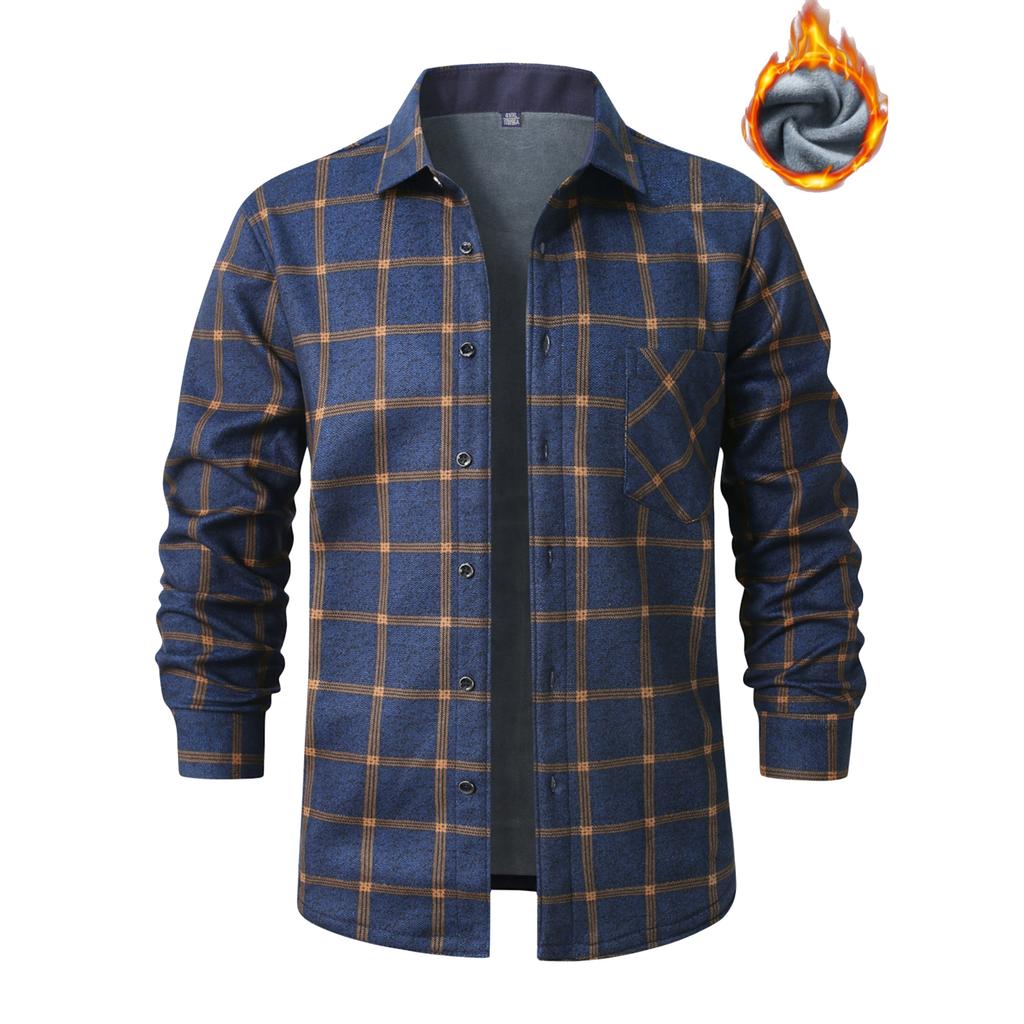 Men's Fleece And Thickened Warm Checked Button Shirt, Men's Fashionable Square Collar Casual Long-sleeved Top
