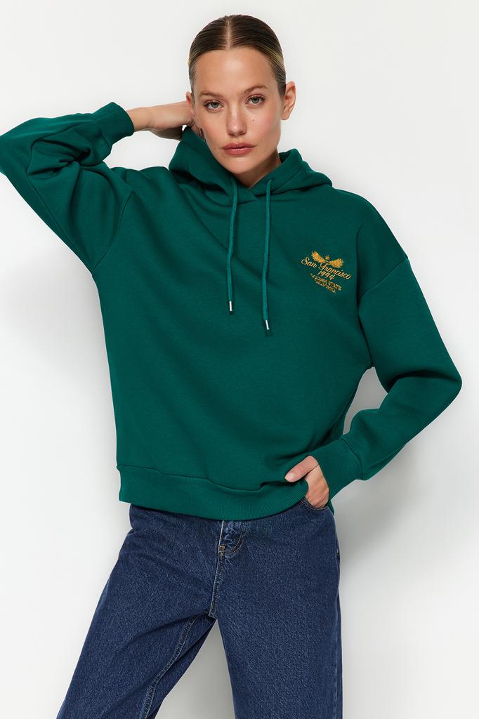 Women's Fashion Sweatshirt Hooded Long Emerald Green Regular Fit Embroidered Hooded Knitted Sweatshirt with Fleece Inside