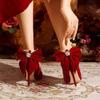 Red Xiuhe Wedding Shoes Thin Heels Pointed High Heels Women's New Single Shoes Bow Pearl Straps Two Wear Bridal Shoes
