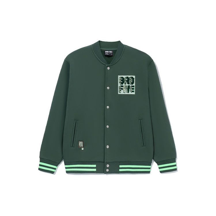 Li Ning Badfive Embroidered Logo Loose Fleece Knitted Baseball Jacket Men Jackets Green AJDS039-4