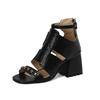 FOREADA Women Sandals Thick High Heels Round Toe Rivets Zipper Fashion Party Summer Shoes Black Brown Blue White 33-46