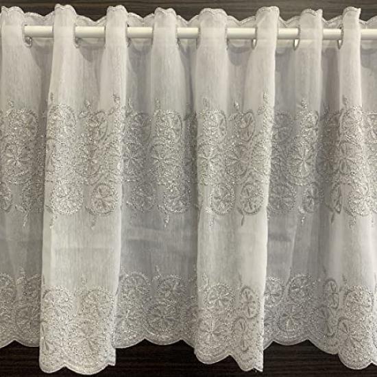 INTERIX Embroidered Lace Cafe Curtain for Small 100cm Wide X 90cm Daisy Made In Japan Windows, Long, Design, Silver, CF6-100-90,