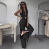 Casual V-Neck Vest Two-piece Suit Women Solid Button Sleeveless Tank Top High Waist Wide Leg Pants Slim Fit Office Lady Outfits