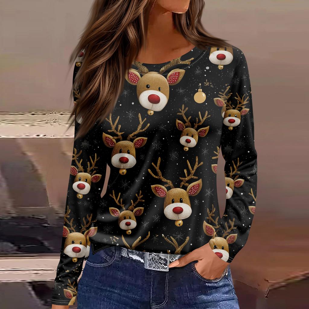 Women's Fashion Hem Slit Casual Christmas Printed Round Neck Long Sleeve Top