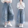Plus Size Women Jeans Elastic Waist Embroidery Wide Leg Denim Pants Female Spring Autumn Vintage Loose High Waist Pants