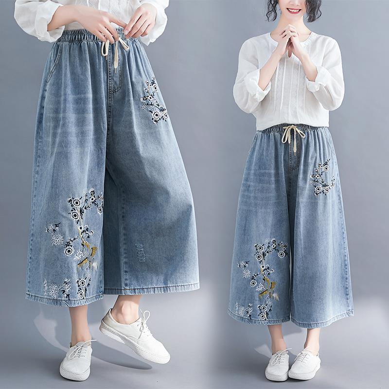 Plus Size Women Jeans Elastic Waist Embroidery Wide Leg Denim Pants Female Spring Autumn Vintage Loose High Waist Pants