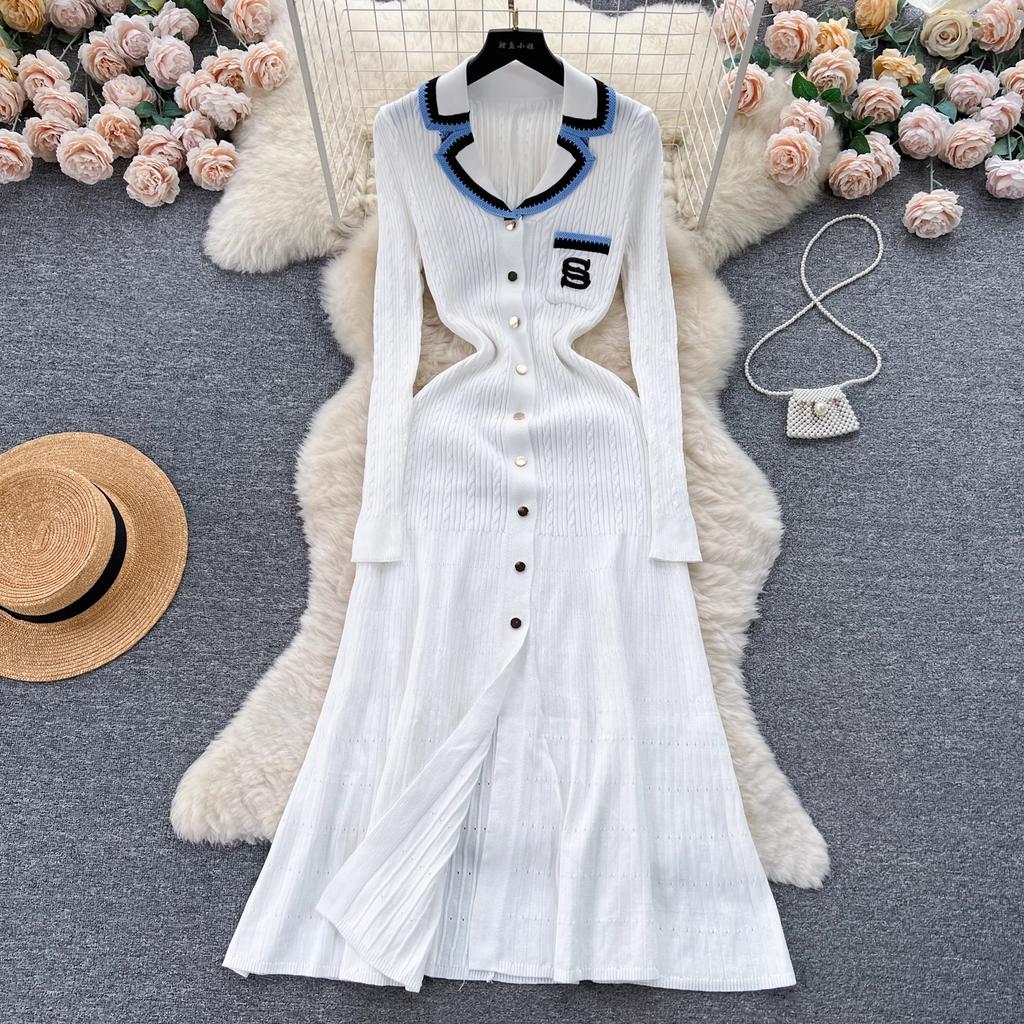 Fashion Autumn Winter Long Sleeve Knitted Maxi Dress Women Elegant Embroidery Pockets Long Sweater Dress Vestidos