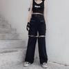 Gothic Black Cargo Pants Women Streetwear Hollow Out Punk Wide Leg Oversize Pockets Trousers For Female Hip Hop