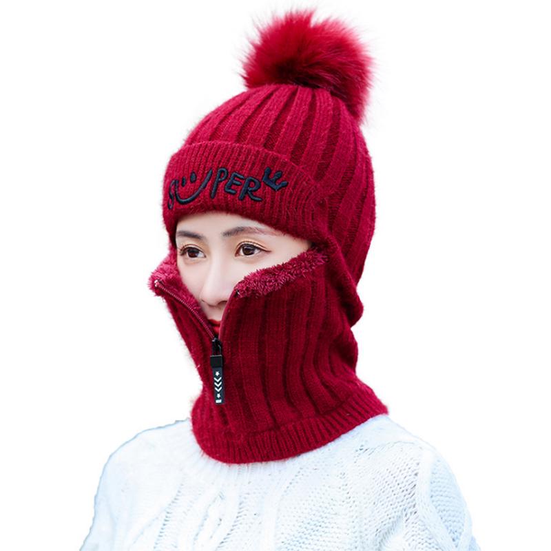 Women Winter Knitted Hat New Add Fur Lined Warm Winter Pompoms Hats For Women Keep Face Ear Warm Cap