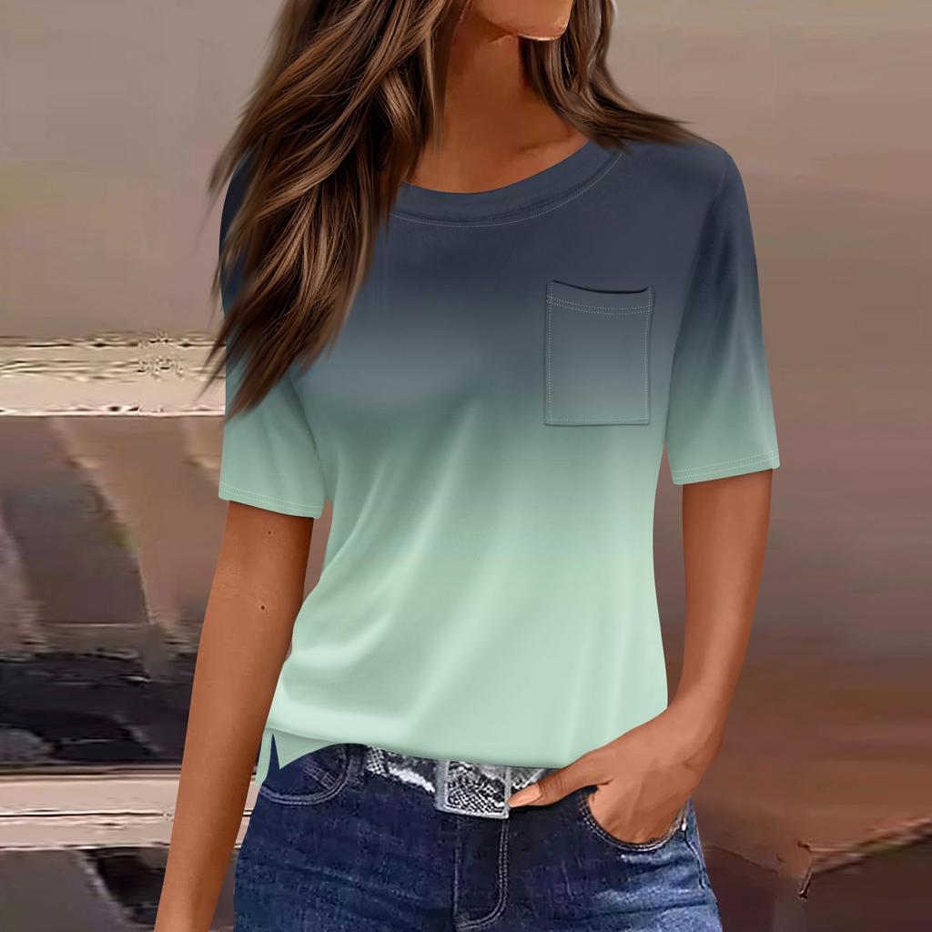 T Shirts For Women Pleated Round Neck Dressy Casual Blouses Printing Short Sleeve Summer Tops Loose Fit