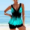 Women's Shoulder Strap Swimsuit Blue Butterfly Flower Print Bikini Tankini Swimsuit