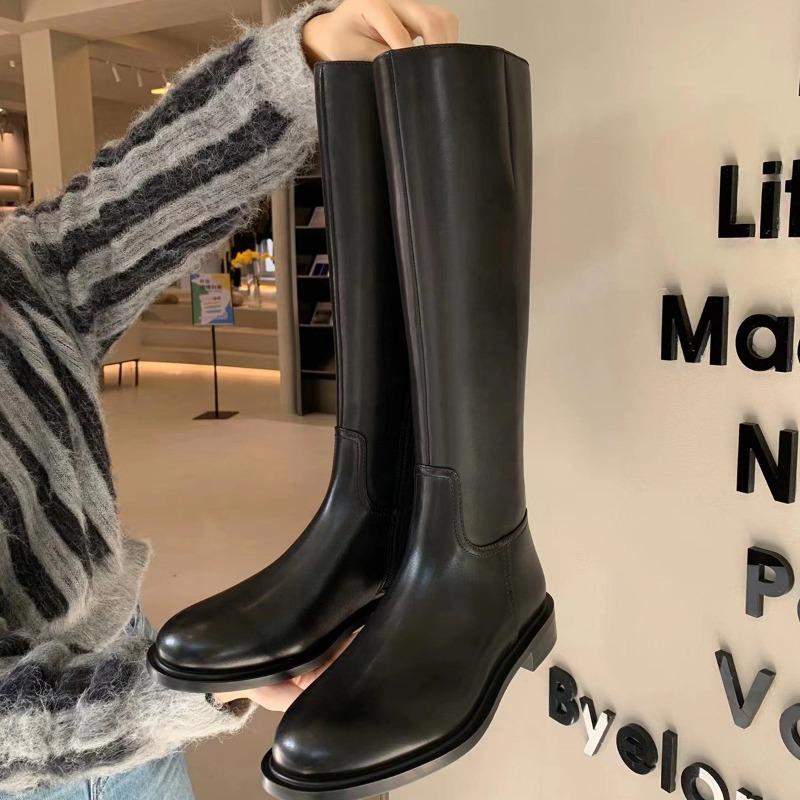 Версия из овчины~ Кожаные ботинки-рыцари с круглым носком и золотой пряжкой на толстой подошве, женские осенне-зимние высокие ботинки, толстый каблук, тонкие ботинки, длинные ботинки