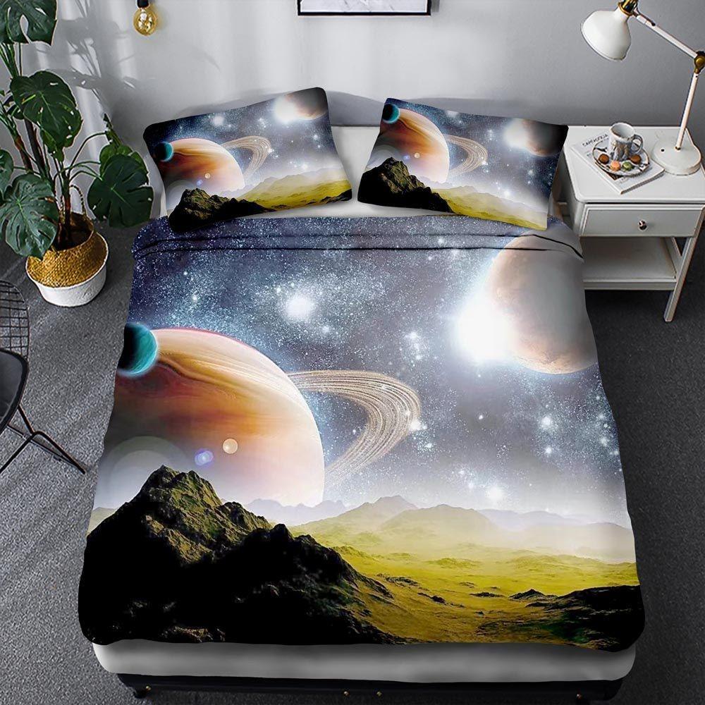 3D Space Planet Bedding Set Romantic Starry Sky Quilt Cover Pillowcase 2/3pcs Men's Teenagers Space Fan Cover Gift