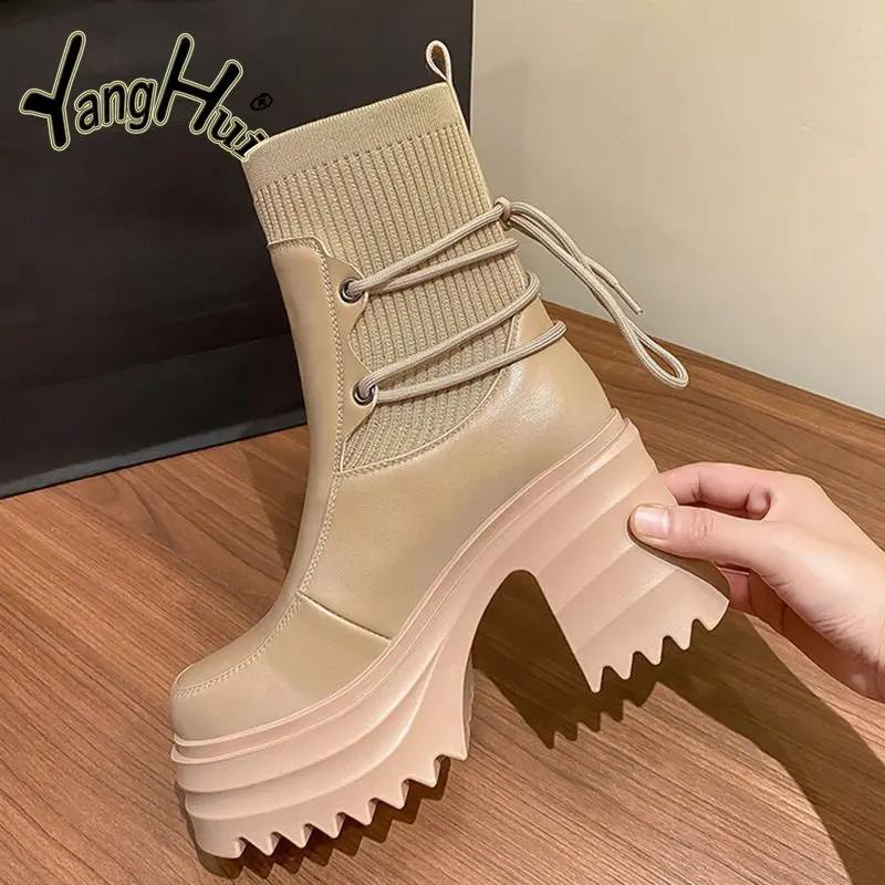 2024 New Ankle Modern Boots Cotton Fabric Lace FashionBlack Chunky High Heel Super High Platform Shoes for Women Spring Autumn