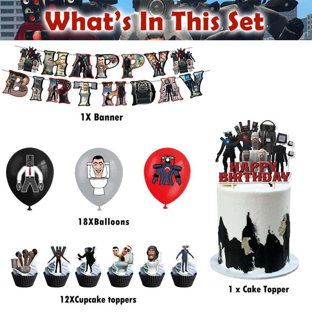 32pcs Skibidi Toilet Party Supplies Including Cake Topper Banner Balloons