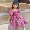 Summer Girls Floral Print Waist Puffy Dress Puff Sleeve Dress