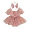 Baby Girl Summer Outfits, Short Sleeve Bow Front Romper Tulle Dress with Headband Set 2Pcs Clothes