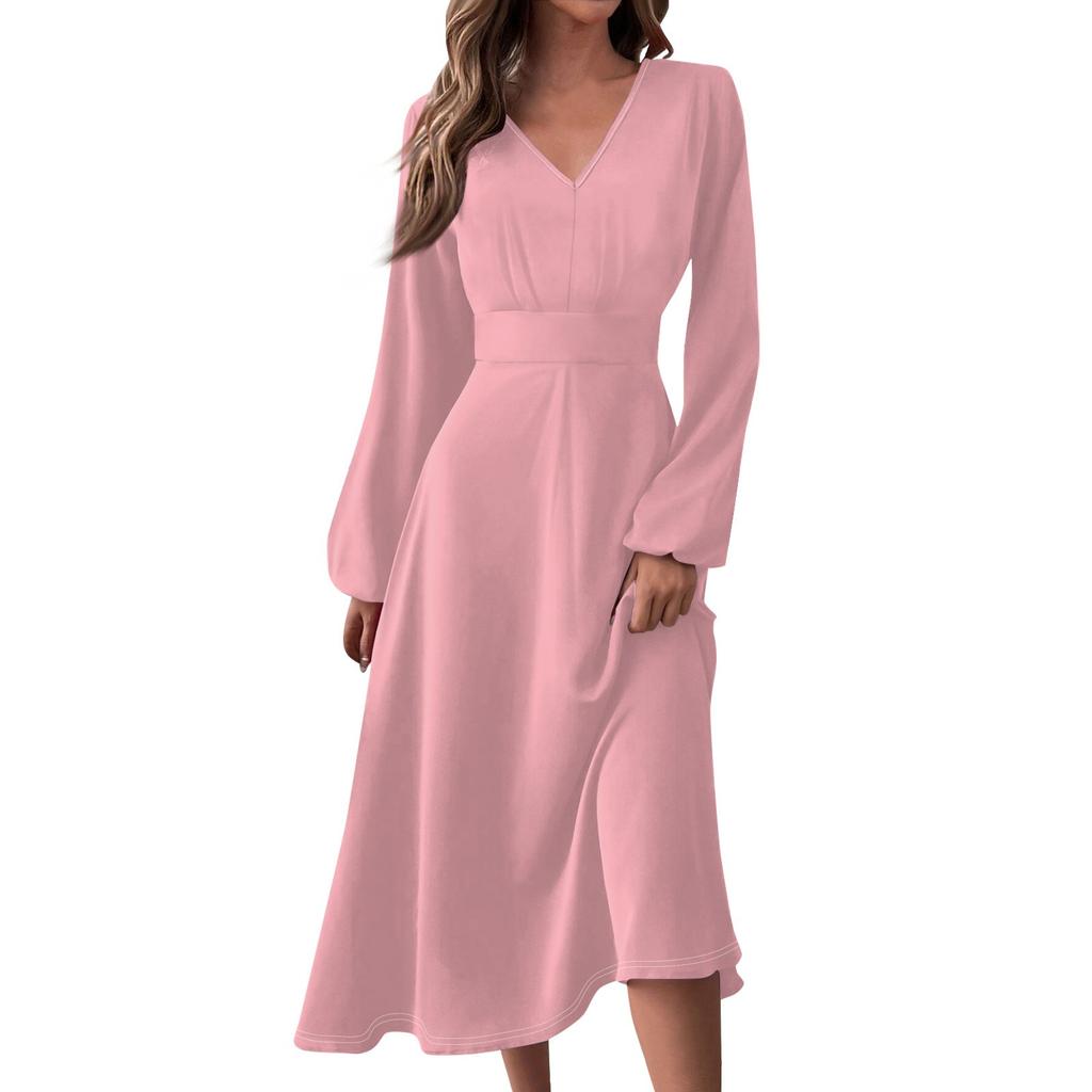 Women's Autumn And Winter Casual Fashion V-neck Long Sleeve Solid Color Long Dress