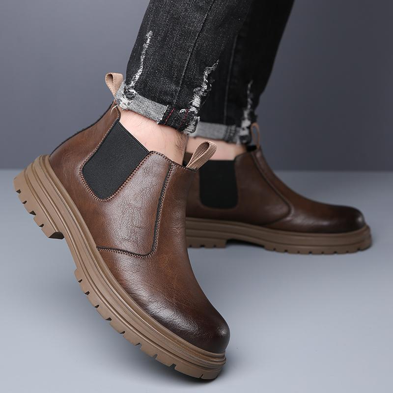 Men Business Short Boots Fashion Platform Ankle Thick Soled Boots New Male Leather Motorcycle Boots Slip On Casual Chelsea Shoes