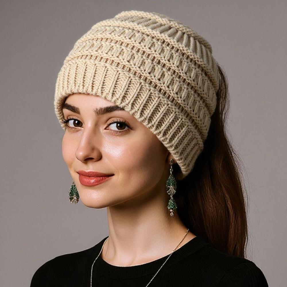 Solid Color Ponytail Beanie Hat Headwear Women's Hat Warm Knitted Hat  Winter