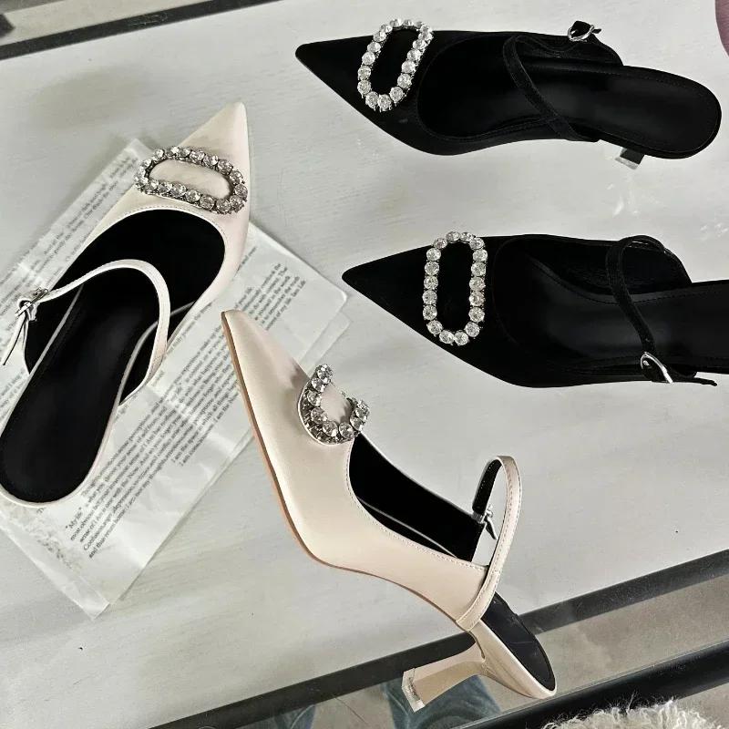 Fashion Luxury Rhinestone Buckle Mules Sandals Women Pointed Elegant High Heel Slingback Shoes Fashion Designer Slippers Female Pumps