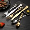 European Style Stainless Steel Cutlery Set with Hollow Relief Design: Royal Knife, Fork, and Spoon.