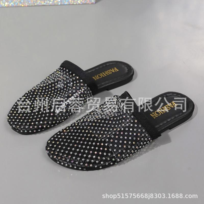 Большого размера низкокаблучные носки-сетка тапочки женские новые фэн-шуй бриллиантовые сандалии женские