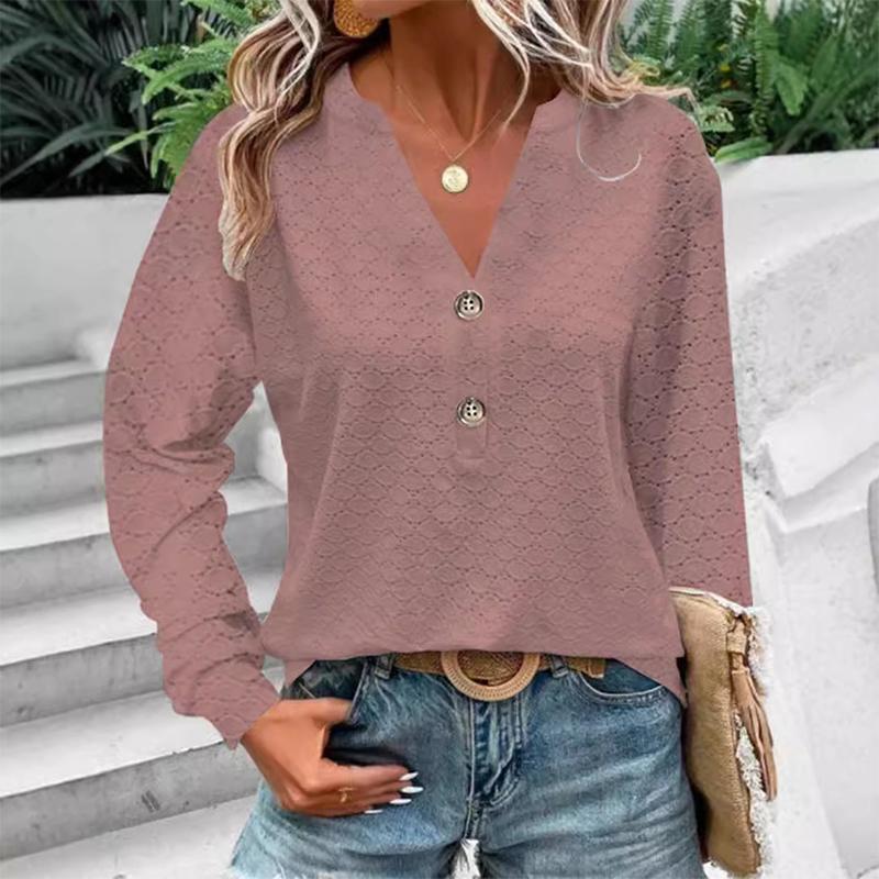 V-neck Solid Color Women's Shirt Button Decor Stylish Hollow Out Blouses Loose Fit Long Sleeve Autumn Female Clothing