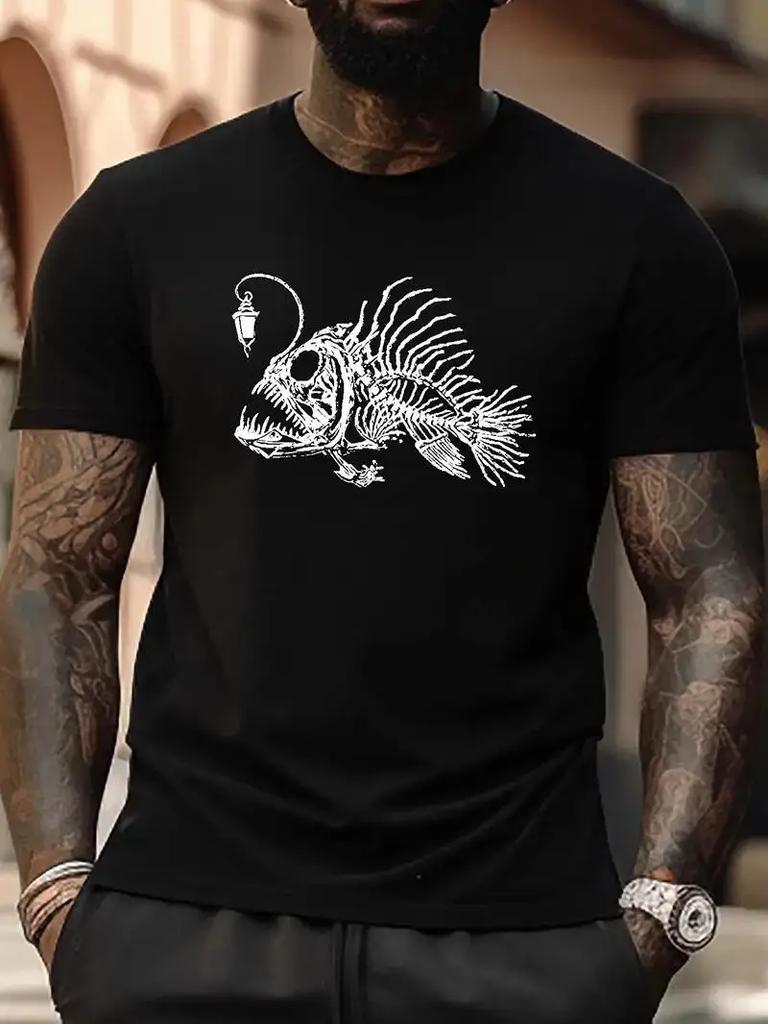 Men's Bold Fish Bone Graphic T-Shirt - Crew Neck, Comfort Fit, Perfect for Summer Activities & Workouts