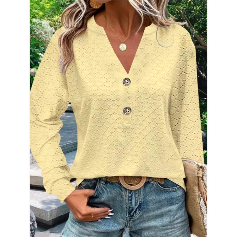 V-neck Solid Color Women's Shirt Button Decor Stylish Hollow Out Blouses Loose Fit Long Sleeve Autumn Female Clothing