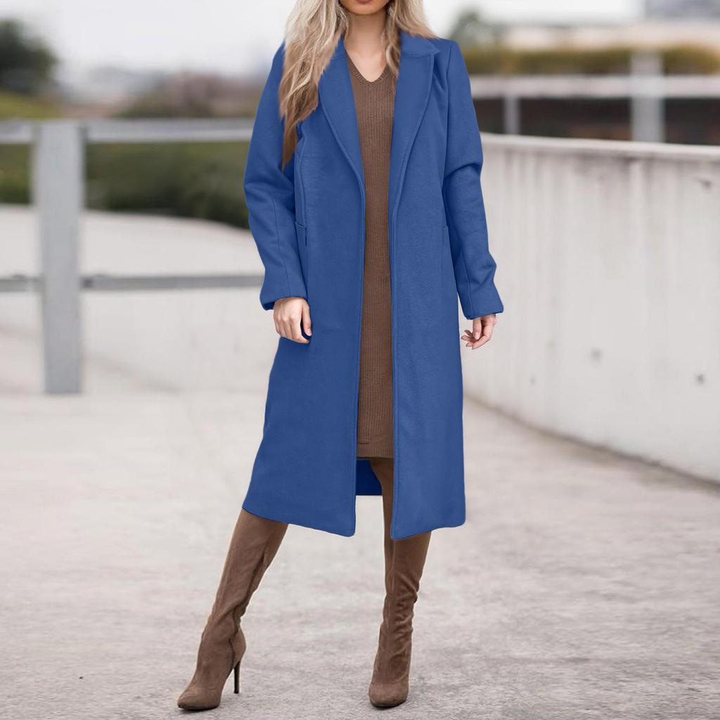 Women's Casual Fashion Solid Color Long-sleeved V-neck Tie Long Woolen Coat