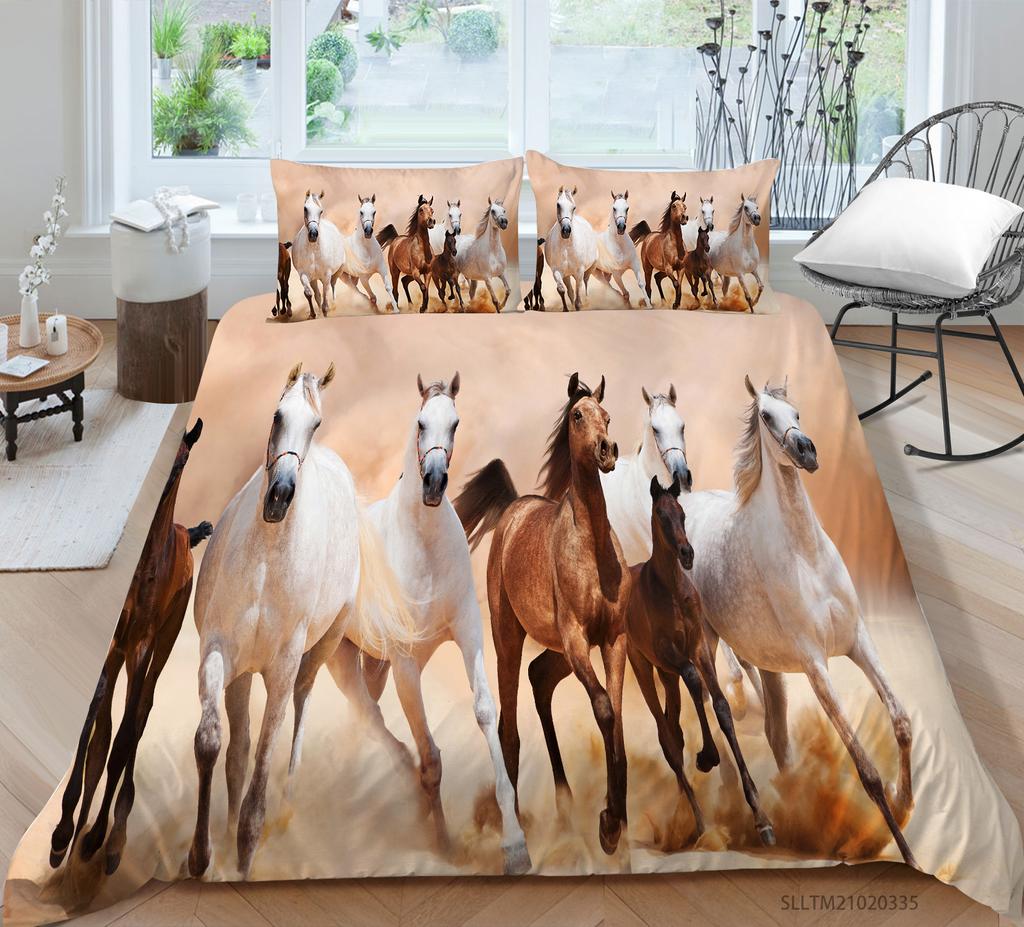 3D Horse Pattern Bedding Single Double Bed Full Size Animal Print Pillowcase and Quilt Cover Microfiber Washable Home Decoration