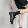 Black Leather Breathable Small Leather Shoes Medium Heel Thick Heel Versatile Lace-up Pointed Head College Style Casual Work Shoes Women