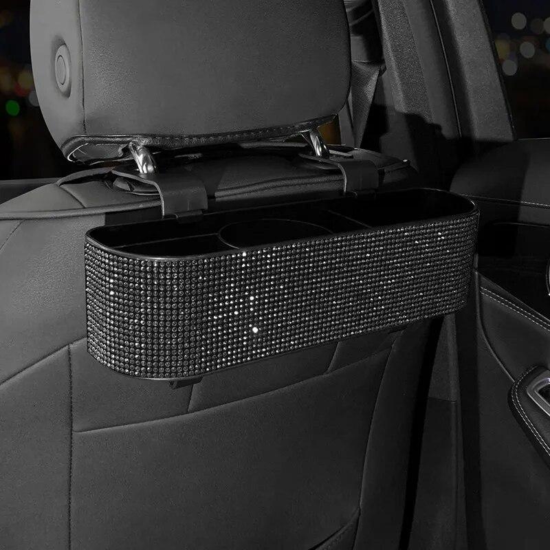 Fashion Diamond Car Seat Back Storage Box Organizer Water Cup Tissue Paper Holder Beverage Rack Bling Car Accessories for Woman