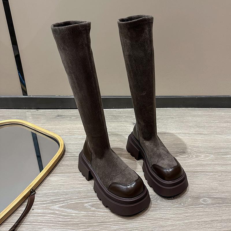 2025 Skinny Thick Heel Retro Elastic Skinny Boots Women's Autumn Thick-soled Medium Heel Martin Boots British Style Tall Socks Boots