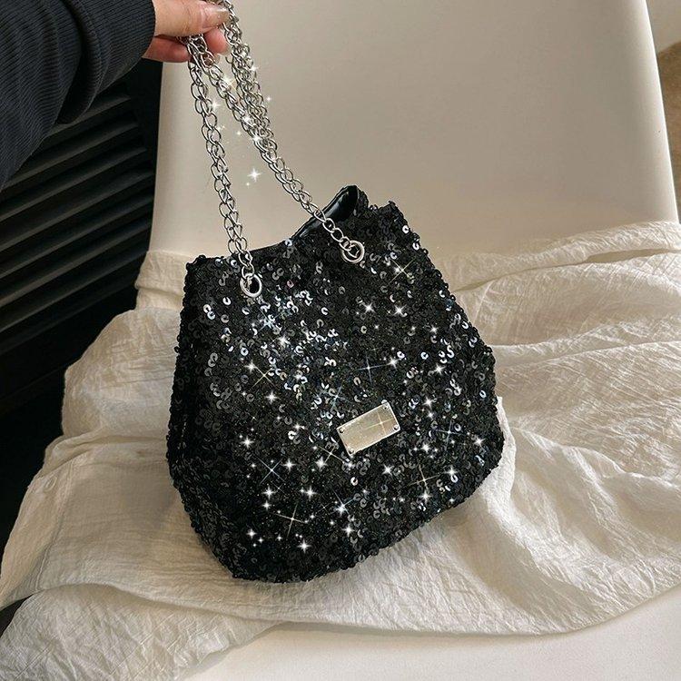 This Year's Popular Niche Design Sequined Bag 2024 New Women's Bag Personalized Chain Messenger Bag Shoulder Bucket Bag
