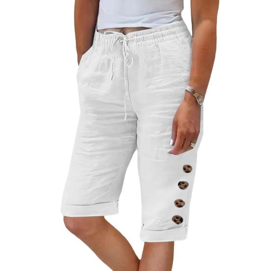 Women Summer Shorts Elastic Waistband Adjustable Drawstring Casual Pants with Pockets Solid Color Buttons Decor Knee-length Pants