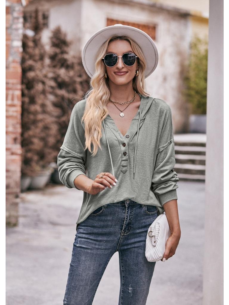 2024 New Autumn Winter Hooded Sweatshirts Women Fashion Buttons V-neck Long Sleeve Pullovers Ladies Casual Loose Hoodies