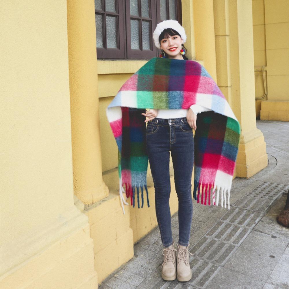 Versatile Four Color Cashmere Scarf Long Tassel Rainbow Winter Plaid Shawl Gradient Tie Dye Scarf