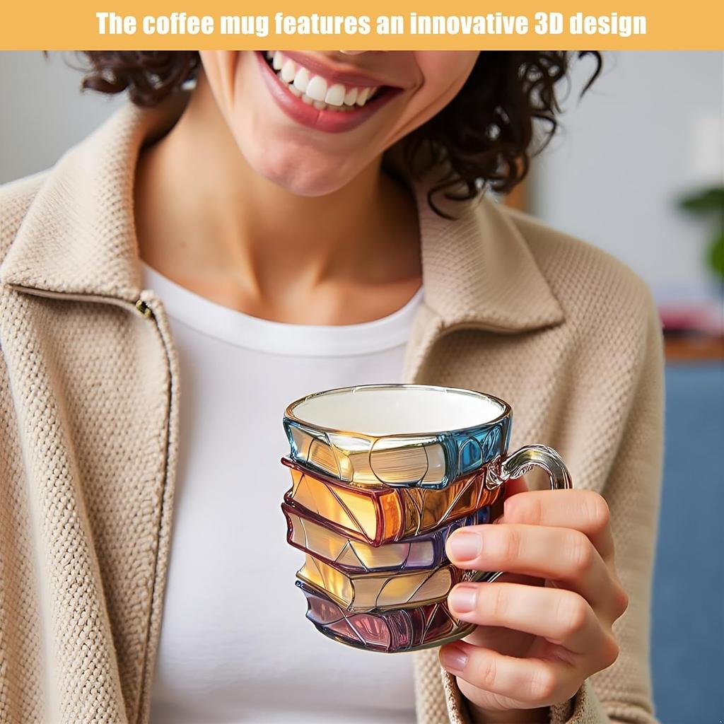Painted Book Mug, Unique Colorful Resin Stacked Books Coffee Cup, Collectible Gift for Readers, Librarians, Literature Lovers