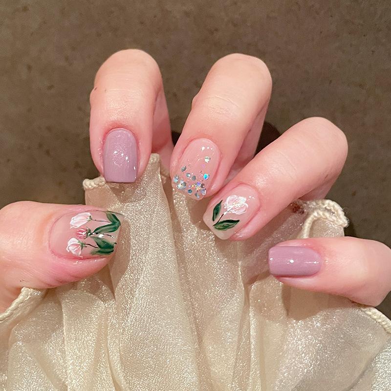24pcs/set Tulip Manicure Glitter False Nails Finished Wearable Nail Stickers Press On Nail