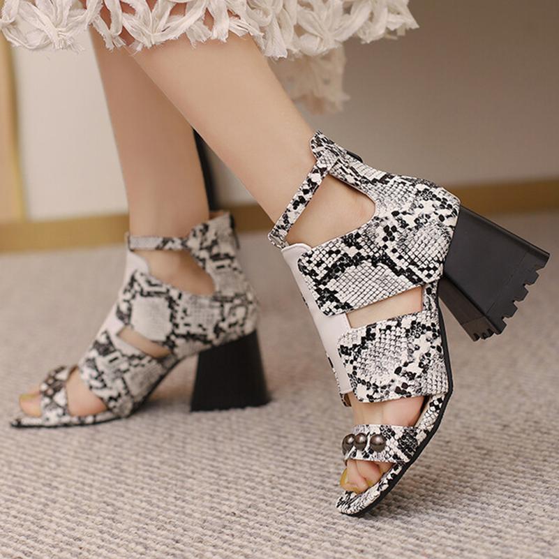 FOREADA Women Sandals Thick High Heels Round Toe Rivets Zipper Fashion Party Summer Shoes Black Brown Blue White 33-46