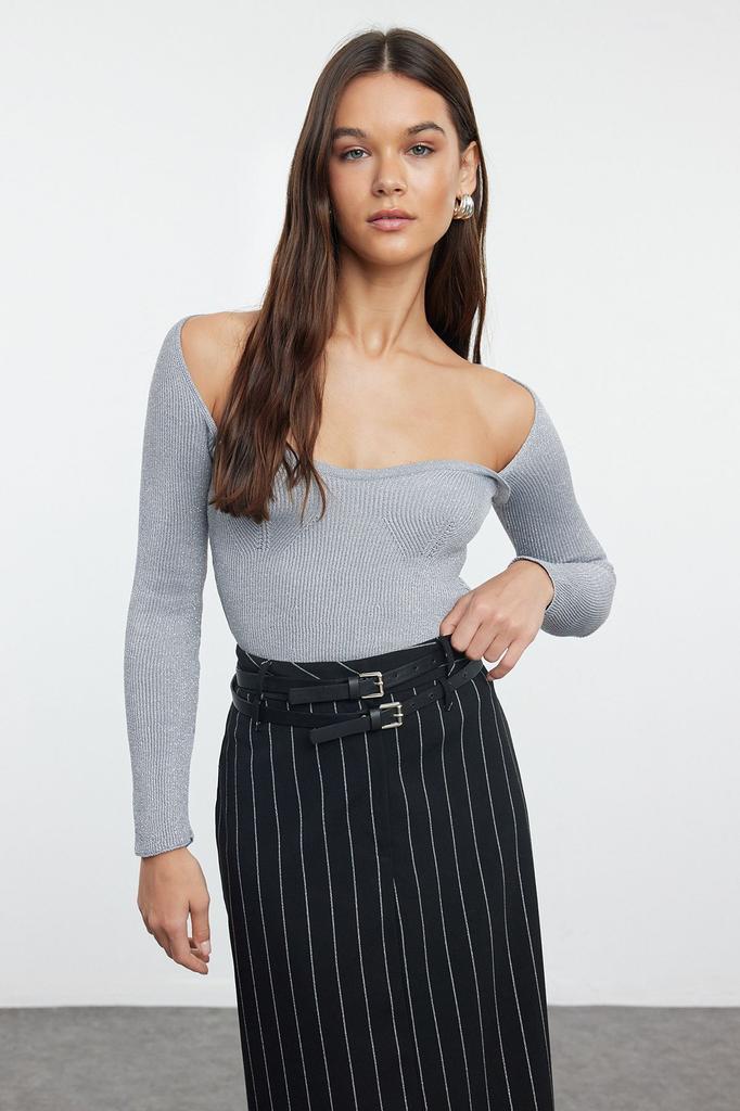 Women's Elegance Style Sweater Black Glitter Yarn Knitwear Sweater