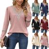 Autumn Winter Solid Color Lace Patchwork V-neck Long Sleeved Loose T-shirt Top T-Shirts (women’s)