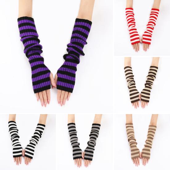 Women Striped Elbow Gloves Winter Knitted Arm Warmers Goth Punk Fingerless Gloves Stretchy Mittens with Thumb Hole for Daily Wear Cosplay