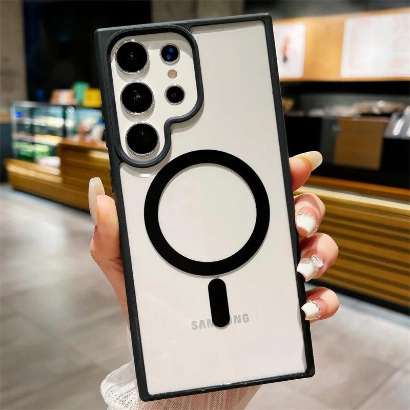 Frosted Frame Magnetic Magsafe Cases For Samsung Galaxy S24 S23 S22 Ultra Plus Wireless Charging Acrylic Bumper Cell Phone Cover